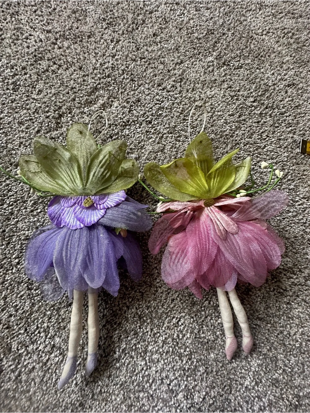 Vintage Purple and Pink Flower Fairy Ornaments - Pair